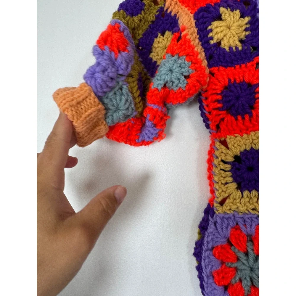Boho Handmade Women XS/S Granny Square‎ Crochet Dress Multicolor Patchwork Retro
